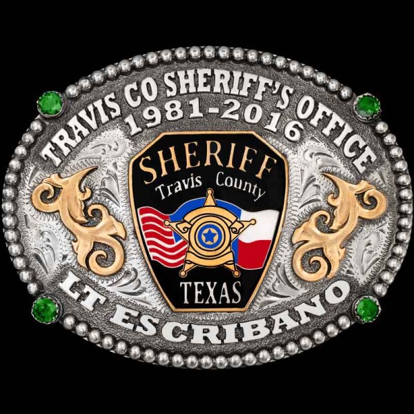 "Our Creedmoor Buckle is a powerful emblem of dedication and honor to your law enforcement agency. This buckle is crafted on a hand-engraved, German Silver base. Our craftsmen included a beautiful beaded edge, Jeweler's Bronze scrolls and 4 cubic zir